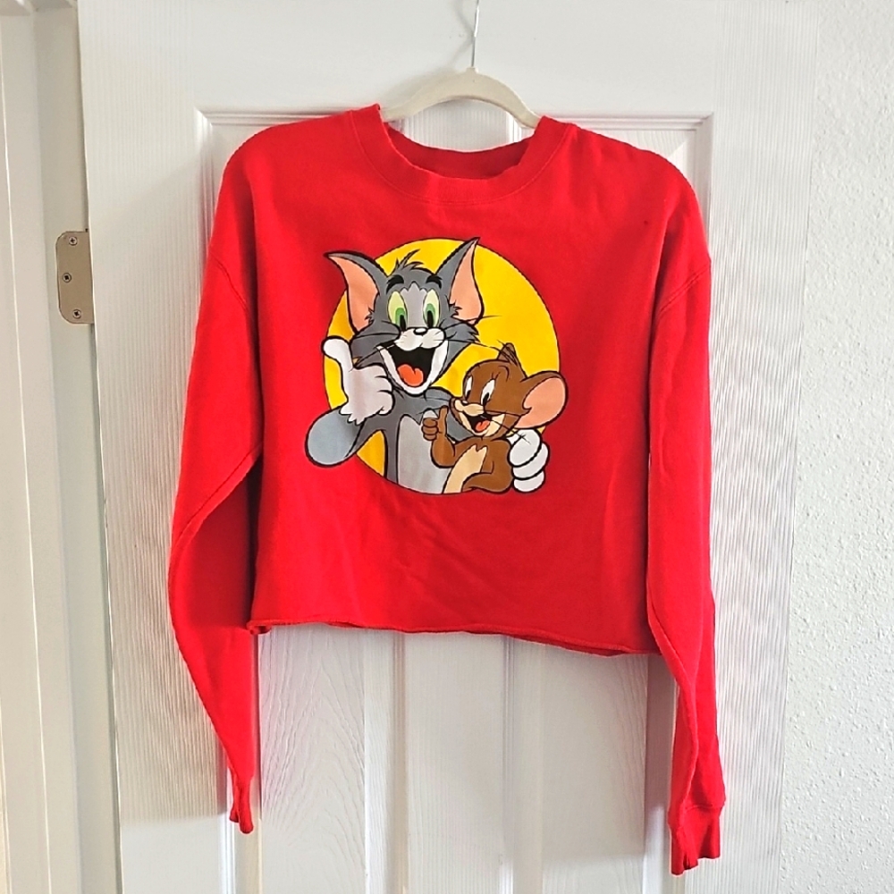 Red Cropped Sweatshirt with Tom and Jerry Graphic